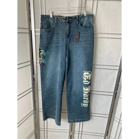 ED HARDY HIGH RISE WIDE LEG EAGLE EMBROIDERED JEANS SZ 34